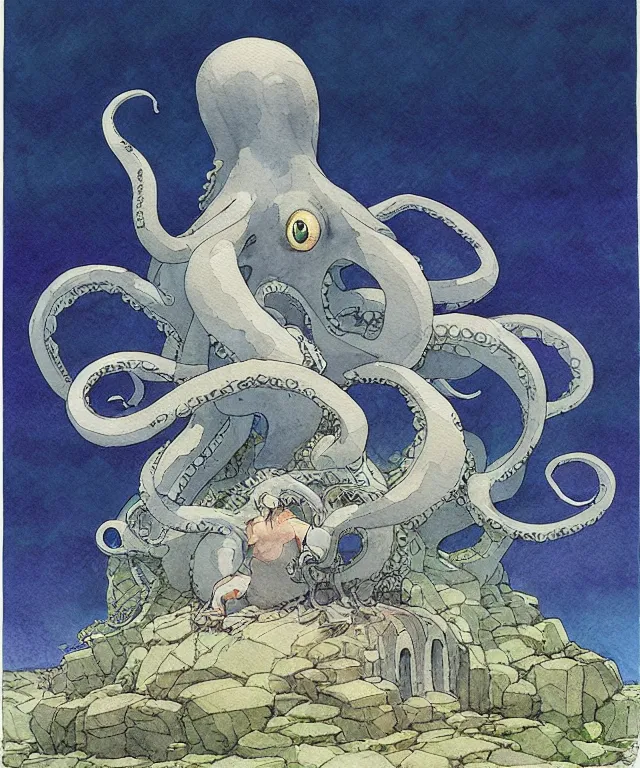 Image similar to a hyperrealist studio ghibli watercolor fantasy concept art of a giant grey octopus sitting on top of stonehenge underwater. by rebecca guay, michael kaluta, charles vess