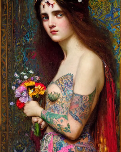 Image similar to a beautiful girl in a wedding dress with colourful tattoos surrounded by colourful flowers orientalist intricate portrait by john william waterhouse and edwin longsden long and theodore ralli and nasreddine dinet, oil on canvas. cinematic, hyper realism, dramatic lighting, high detail 8 k