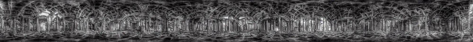 Prompt: photo of an immersive forgotten panopticon well full of eyes, with columns and destroyed cybernetics from an ancient civilization, photorealistic, higly detailed dark, 3 6 0 picture, panorama, 3 5 mm slide, trending on flickr, in the style of francesca woodman, zachary corzine, zhelong xu, greg rutkowski and anders zorn