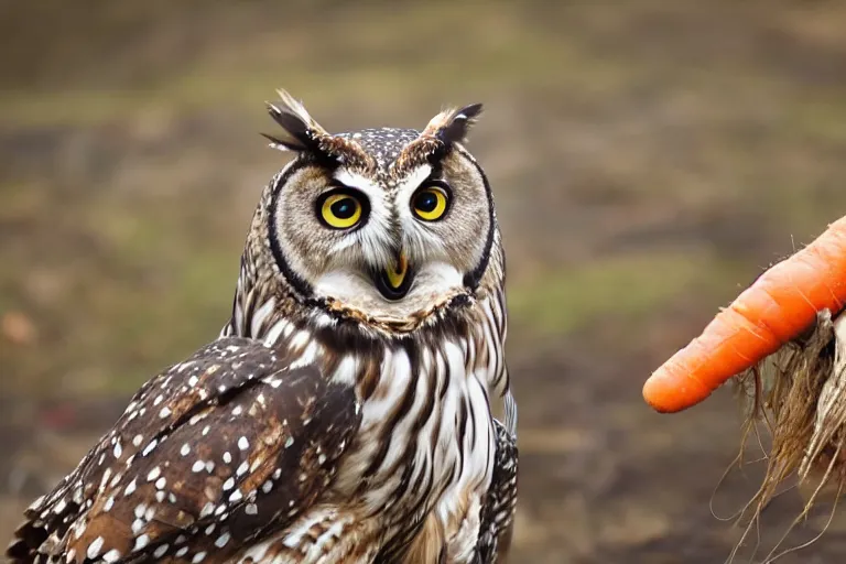 Image similar to scenic photo of an owl eating a carrot. focus on the owl's beak and eye. intricate eye. extremely large wings. extreme detail, hyperrealistic photo