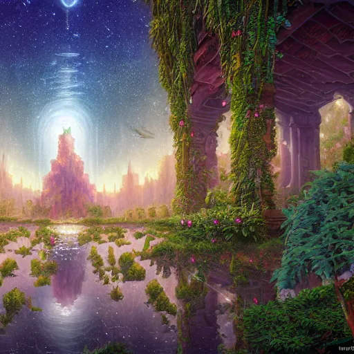 Image similar to beautiful highly detailed digital illustration of a celestial palatial garden with pillars of light towering above. by Andreas Rocha, colorful nebula in the night sky, stars, flowers and vines and creepers, establishing shot, cinematic, architecture, artstation HQ, HD, 8k resolution, featured in art magazine