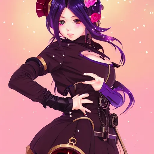 Prompt: demi rose as a very beautiful anime woman, purple hair, red eyes, weapon, steampunk, full body, full round face, short smile, full victorian dress, winter setting, cinematic lighting, medium shot, mid - shot, highly detailed, makoto shinkai, unreal engine 4 k, artgerm, ilya kuvshinov, loish, rossdraws