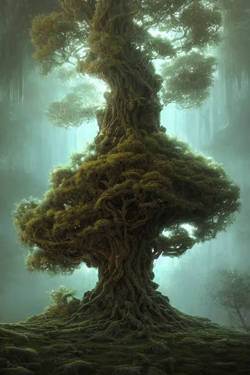 Image similar to a centered render of an ancient tree covered in bio - organic micro organisms growing in a mystical setting, cinematic, beautifully lit, by tomasz alen kopera and peter mohrbacher and craig mullins, 3 d, trending on artstation, octane render, 8 k