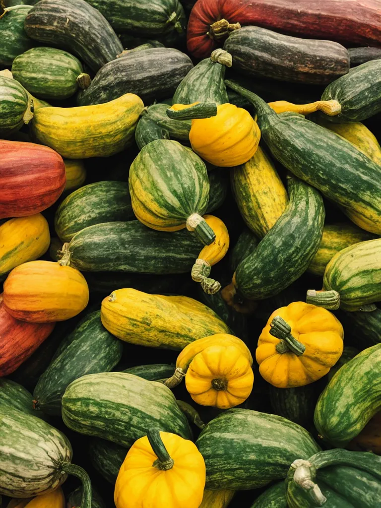 Image similar to photorealistic squash variety, farmer's market setting, vivid colors, soft lighting, atmospheric, cinematic, 8k