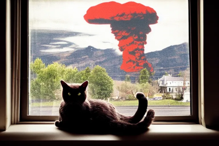 Image similar to cat sitting on the windowsill wrapped in a plaid plaid, Mushroom cloud far behind