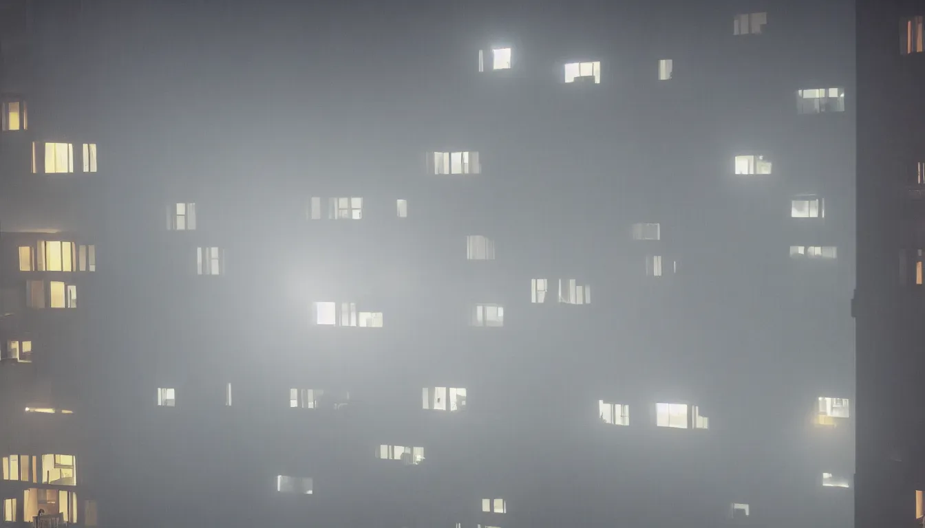 Prompt: Spying into the windows of a small tower block from outside , observing the private lives of the human inhabitants, volumetric lighting shines through the misty nighttime sky , full color