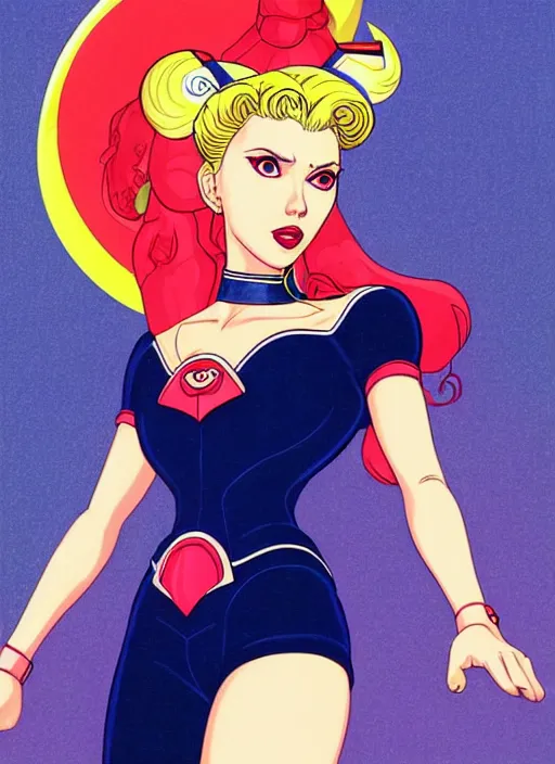 Prompt: perfectly centered realistic portrait of scarlett johansson as a sailor moon, futuristic, dark, highly detailed, 8 0 - s style, sharp focus, illustration, art by jamie christopher hewlett and kawase hasui