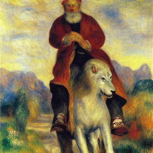 Image similar to old man ( wise long white beard wearing a hooded tunic ) riding on lions back by renoir