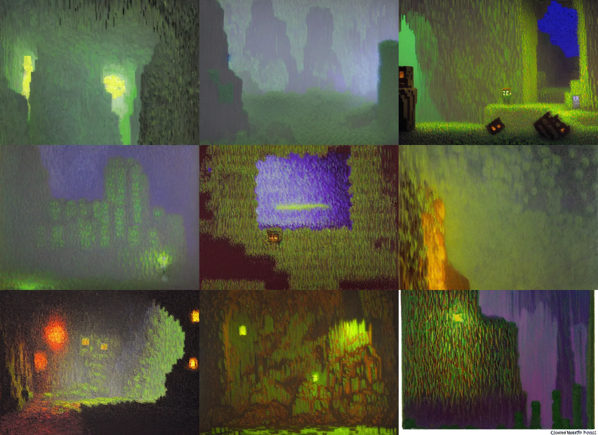 Prompt: eerie minecraft creeper in a dark cave. torchlight, impressionist painting, claude monet, pale pastel colours, dreamy hazy