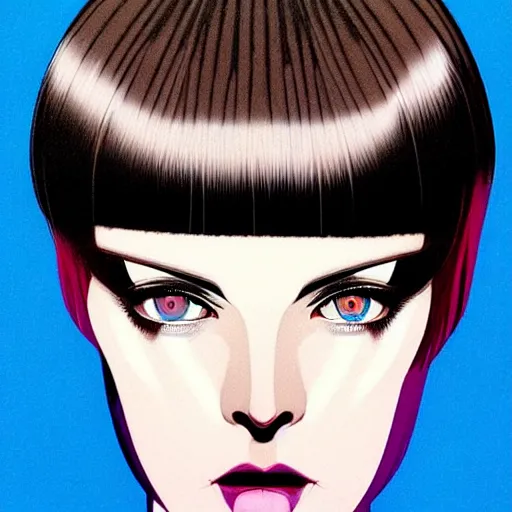 Image similar to woman with dark bobcut haircut with friendly blue eyes and slim features looking surprised, underground box office hit, satire and seventies italian horror movie, giallo, intricate, ultra detailed 8 k, best, cool, extremely beautiful and aesthetic shape of face and neck, art by hiroaki samura and ilya kuvshinov and rossdraws and andy warhol, inverted, epic