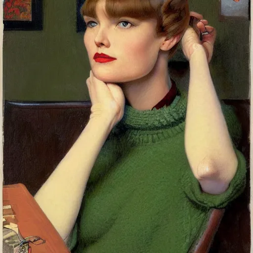 Prompt: portrait of a woman with straight bangs, green eyes, and a sweater over a shirt and tie, by gerald brom and norman rockwell.