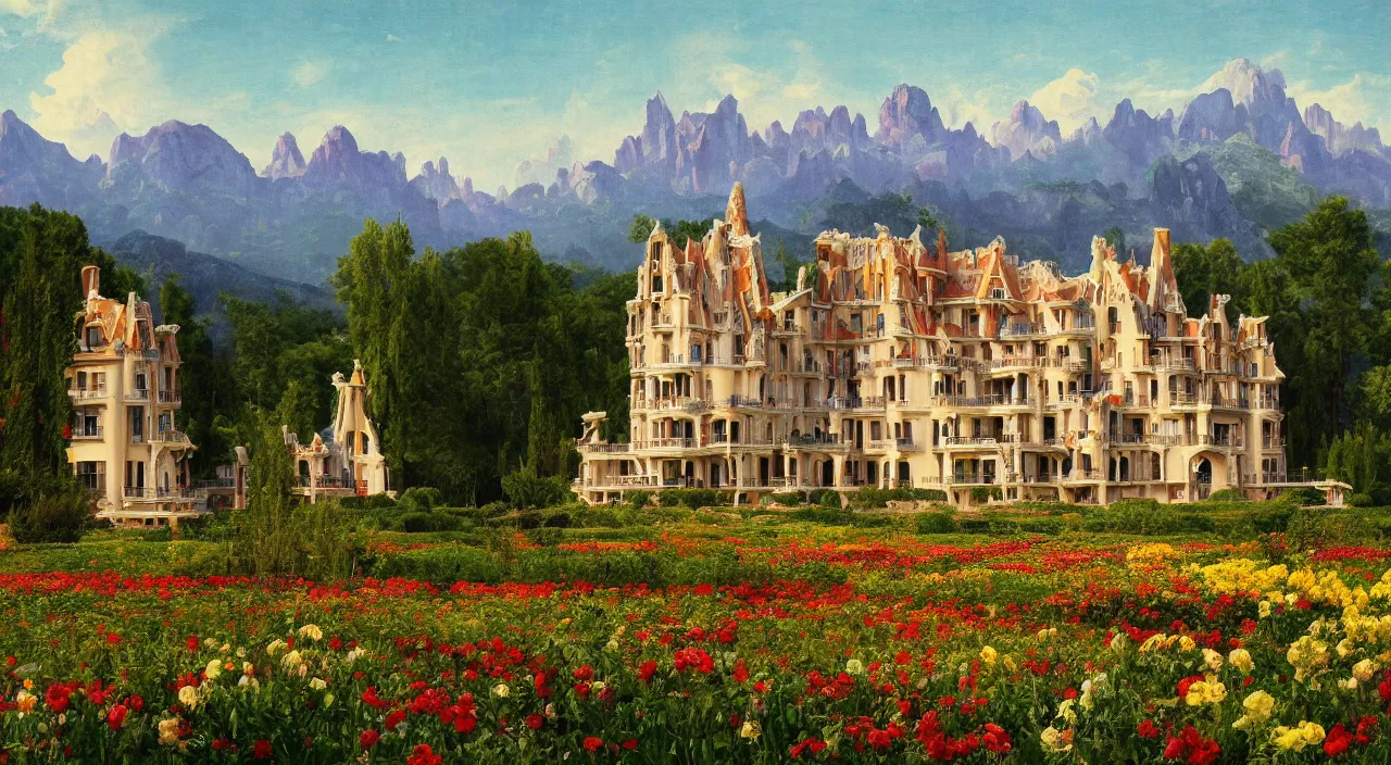 Prompt: a manor designed by Antoni Gaudí, with flower fields as foreground, with mountains as background, by Thomas Cole