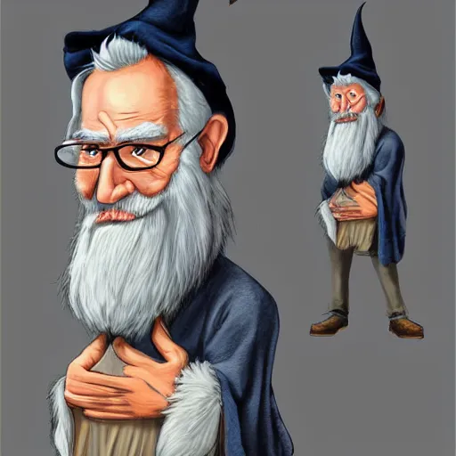Image similar to character concept art of a kind old wizard with a long white beard looking a confused, holding a pet chicken perched top of his hat, wearing a blue robe, grey eyes, realistic, detailed, trending on ArtStation, by Tony Sart