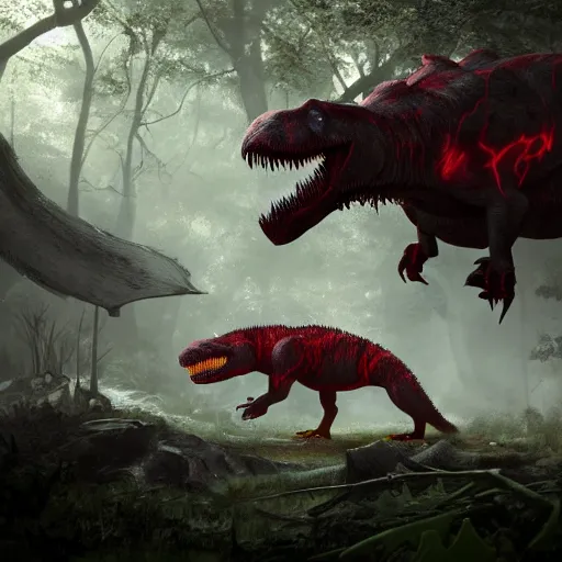 group of nightmare trex, red glowing eyes, hunting in | Stable ...