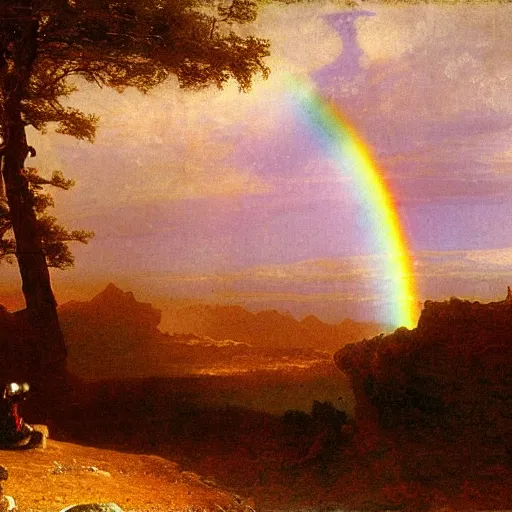 Image similar to rainbow on the moon, landscape, albert bierstadt