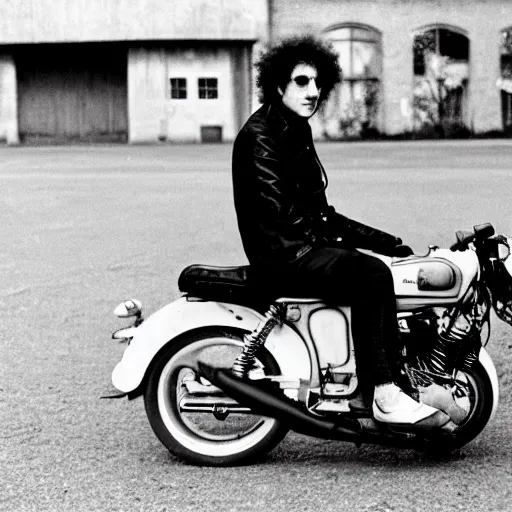 Image similar to bob dylan riding a motorcycle and playing his guitar in the fulham football club stadium, photograph