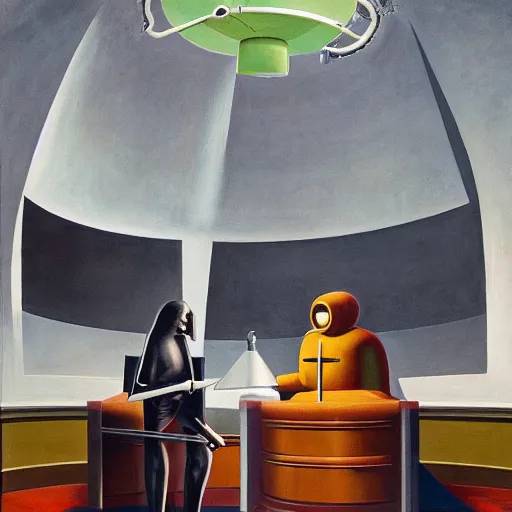 Prompt: exaggerated death ray, doomsday weapon, evil lair, mastermind, observatory interior, rotunda, shield, comedic, dystopian, grant wood, pj crook, edward hopper, oil on canvas