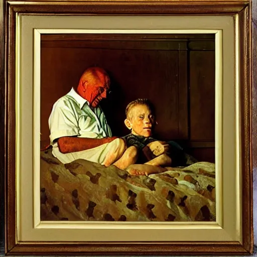 Prompt: The old man is sleeping in bed and having a dream about lions; and a boy sits near the bed of the old man. An oil painting by Norman Rockwell.