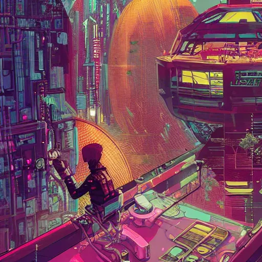 Image similar to cyberpunk explorer playing video games in his treehouse, highly detailed, 4k, midnight, by Victo Ngai and James Gilleard , Moebius, Laurie Greasley