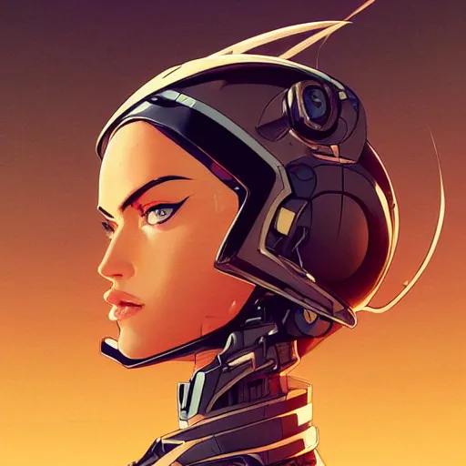 Image similar to portrait of stunning megan fox gundam pilot, with an intricate, detailed, urban inspired hiphop afro futuristic helmet, vector behance hd jesper ejsing, rhads, makoto shinkai, lois van baarle, ilya kuvshinov, rossdraws, hd, 3 2 k, ilya kuvshinov, gustav klimt