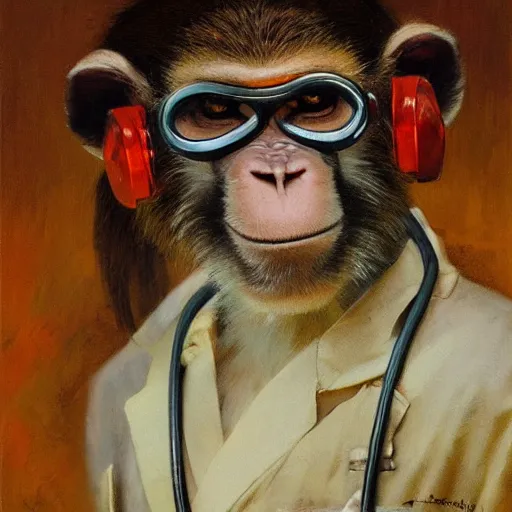 Image similar to portrait of a monkey doctor, artwork by gaston bussiere, craig mullins, trending on artstation, monkey dressed as a scientist, using googles and wearing a doctor coat