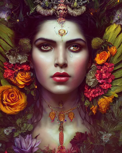 Image similar to portrait of the indian queen of the underworld, surrounded by flowers by karol bak, james jean, tom bagshaw, rococo, sharp focus, trending on artstation, cinematic lighting, hyper realism, octane render, 8 k, hyper detailed.