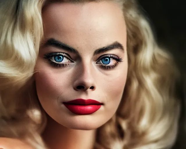 Image similar to a mix of margot robbie and mariyln monroe, hyper realistic face, beautiful eyes, cinematic, long shot, hyper detailed, 8 5 mm photograph, 8 k resolution, film still, sharp lens, wide lens