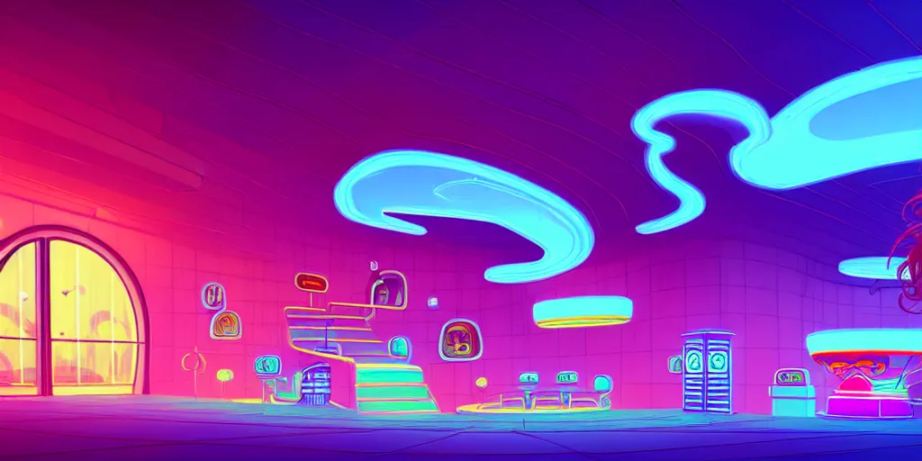 Image similar to minimalistic extreme wide angle curved perspective digital art of sss chubby cotton candy indoor casino, one staircase, with curly plants by anton fadeev, horton hears a who, smoke, neon lights