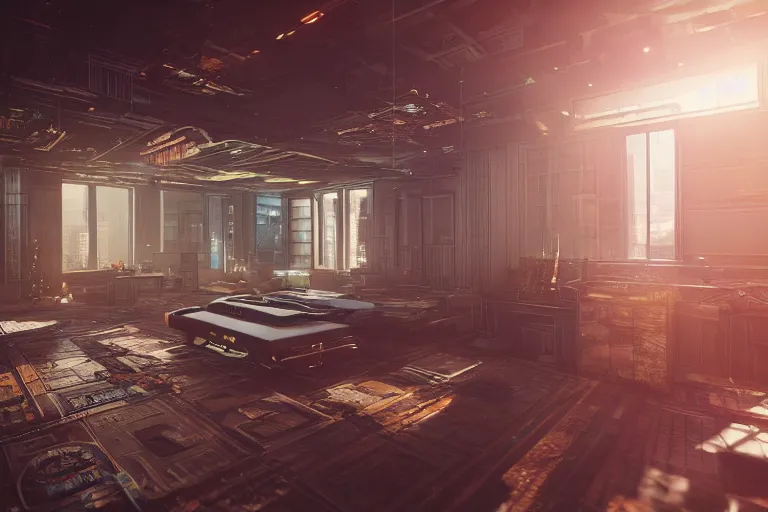 Image similar to cyberpunk workshop, liminal space, high detail, rendered in unreal engine, 3d render, god rays, volumetric lighting, mansion, interior, large windows, rich house