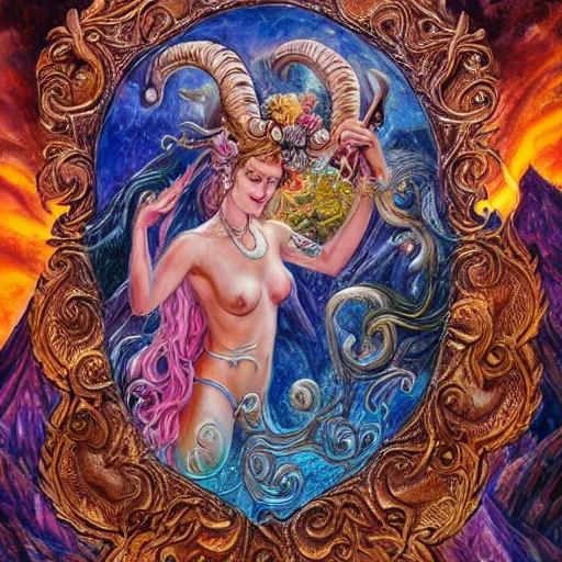 Image similar to painting by josephine wall, goddess with horns of a ram, checking her cell phone, erupting volcano in distance, sunset, flowers in foreground, zodiac, fantasy, acrylic on canvas, intricately detailed, highly detailed, high resolution, hdr, 8 k, by senior concept artist, trending on artstation