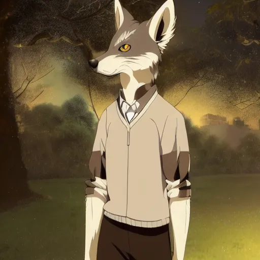 Image similar to key anime visual still portrait of beastars anthropomorphic anthro male grey wolf furry fursona, handsome eyes, cream color fur, school uniform, in a city park at night, official studio anime still