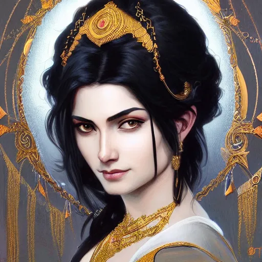 Prompt: Portrait of an hindu goddess with platinum black hair, western, D&D, fantasy, intricate, elegant, highly detailed, digital painting, artstation, concept art, matte, sharp focus, illustration, art by Artgerm and Greg Rutkowski and Alphonse Mucha