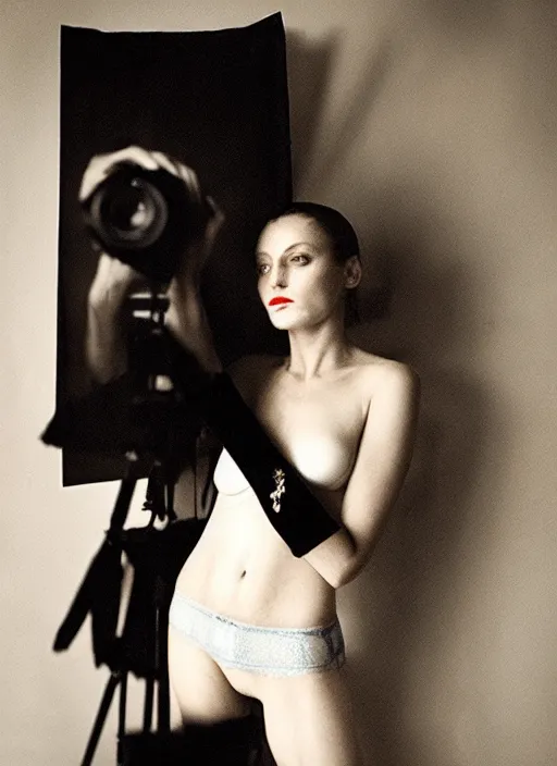 Prompt: Amazing girl in underwear holds a camera, fine art portrait photography by Sarah Moon