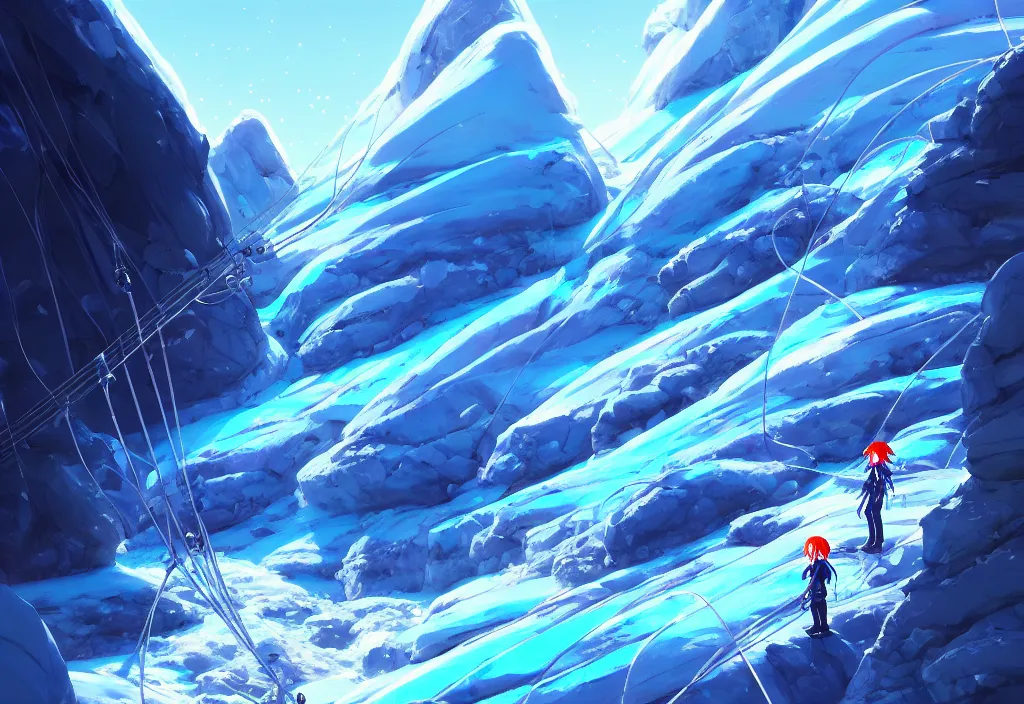 Image similar to futuristic electric pole and chunky wires on a glacier, ice, rocks, snowfall, intricate oil painting, high detail illustration, sharp high detail, manga and anime 1 9 9 9, official fanart behance hd artstation by jesper ejsing and makoto shinkai, 4 k,