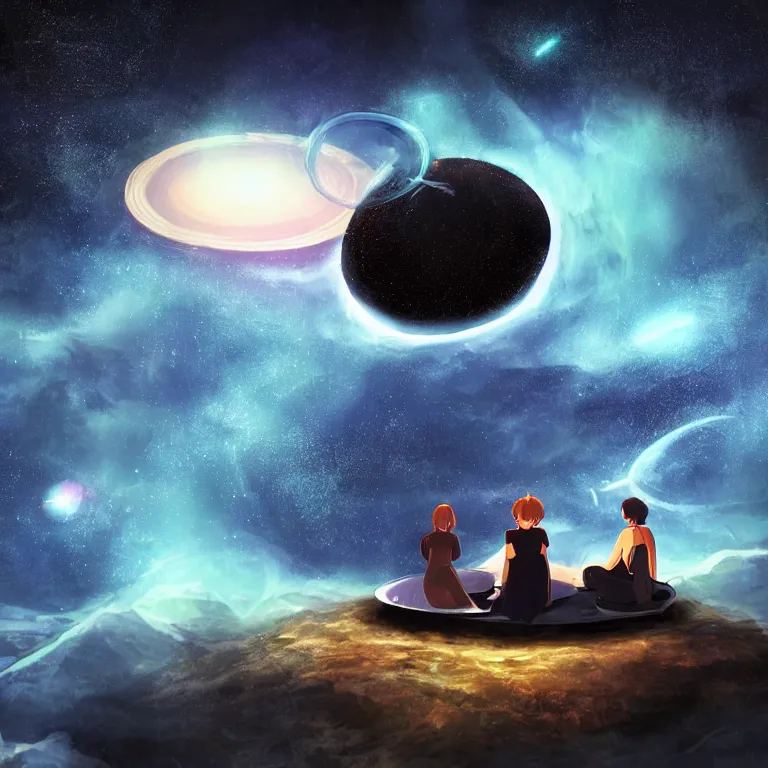 Prompt: black contrast dark style two people stuck on a very tiny floating island overlooking a centered perfectly circular supermassive black hole vast space infinite void vibrant nebula stars warped accretion disk picnic table makoto shinkai vibrant digital art