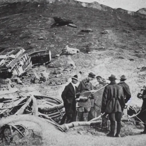 Prompt: old black and white photo, 1 9 1 3, depicting scientists around an alien wreck in the rocky mountains, historical record