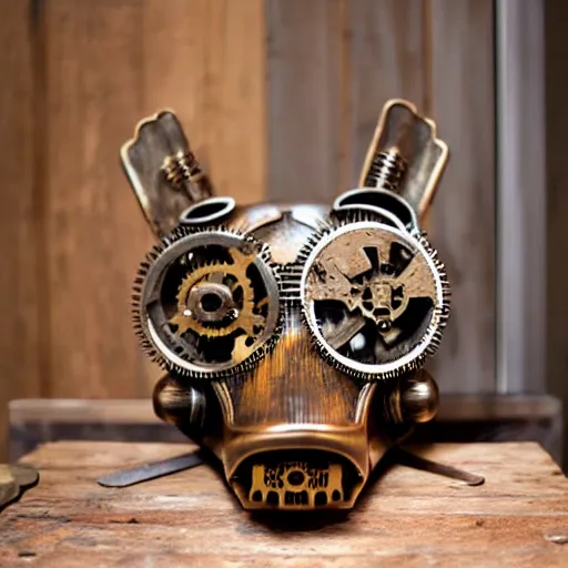 Image similar to steampunk mechanical cat head, bronze, gears, on a wooden table