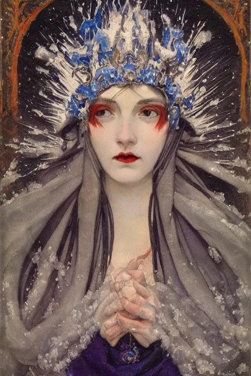 Prompt: goth queen of winter in the snow by Annie Swynnerton and Nicholas Roerich, strong dramatic cinematic lighting , ornate headdress , flowing robes, lost civilizations, smooth, sharp focus, extremely detailed