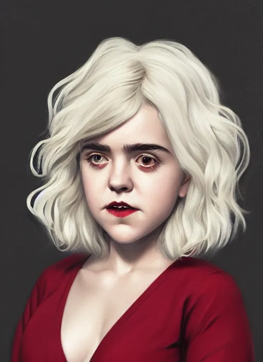 Image similar to full body portrait, kiernan shipka as sabrina spellman, white hair, obese, bangs, sultry, realistic, sultry smirk, fluffy bangs, curly bangs, fat, belly, intricate, elegant, highly detailed, digital painting, artstation, concept art, smooth, sharp focus, illustration, art by wlop, mars ravelo and greg rutkowski