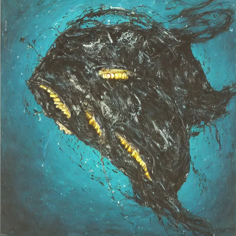 Prompt: Hyperrealistic Studio Photograph of a deep sea humpback anglerfish deep underwater in darkness, award-winning nature deep sea expressionistic impasto oil painting by Cy Twombly and Tim Hawkinson vivid colors hyperrealism 8k