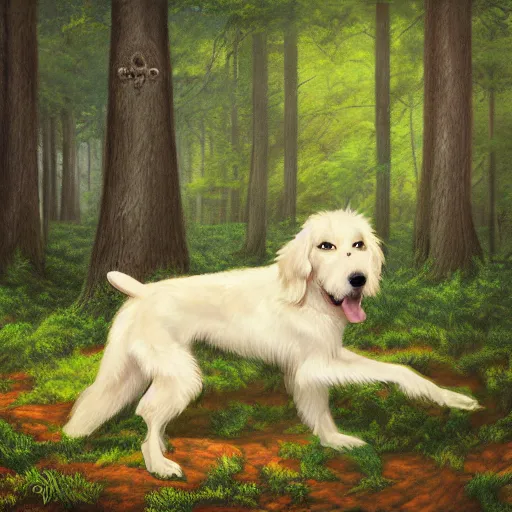 Image similar to a painting of a dog in the woods, an album cover by terry redlin, deviantart, furry art, official art, storybook illustration, hyper realism