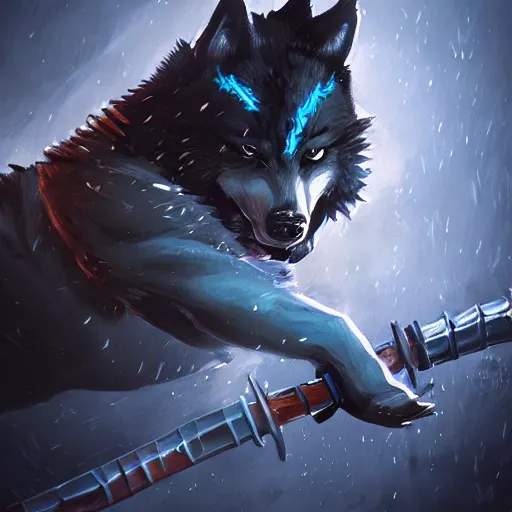 Image similar to anthropomorphic Azure samurai wolf, DnD character art portrait, fantasy battleground, raining, fire, oil painting, heroic pose, magic the gathering artwork, D&D, fantasy, cinematic lighting, centered, symmetrical, highly detailed, digital painting, artstation, concept art, smooth, sharp focus, illustration, volumetric lighting, epic Composition, 8k, art, DeviantArt, trending on Artstation, Jason Felix, Steve Argyle, Tyler Jacobson, Peter Mohrbacher, Akihiko Yoshida, Greg Rutkowski, Craig Mullins, Frank Frazetta, cinematic lighting