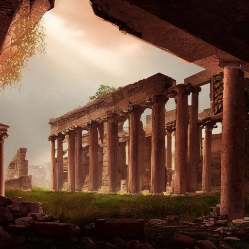 Image similar to A concept matte Painting of ancient aliens ruins, detailed, photorealistic, cinematic lighting, moody atmosphere,