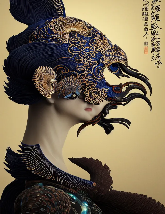 Prompt: 3 d scene of interior modelling goddess close - up profile portrait with ram skull. beautiful intricately detailed japanese crow kitsune mask and clasical japanese kimono. betta fish, jellyfish phoenix, bio luminescent, plasma, ice, water, wind, creature, artwork by tooth wu and wlop and beeple and greg rutkowski