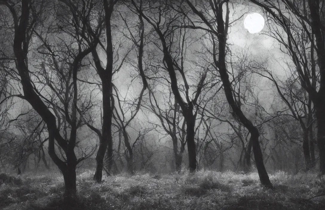 Image similar to energetic brushstrokes create optical flow intact flawless ambrotype from 4 k criterion collection remastered cinematography gory horror film, ominous lighting, evil theme wow photo realistic postprocessing cryengine stars lingering above moon visible through the trees worms eye photograph by ansel adams