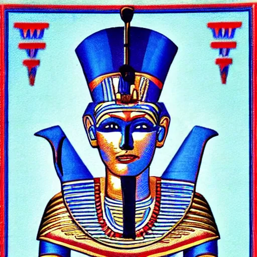 Image similar to a pharaoh with the face of donald trump, majestic, blue, red, powerful