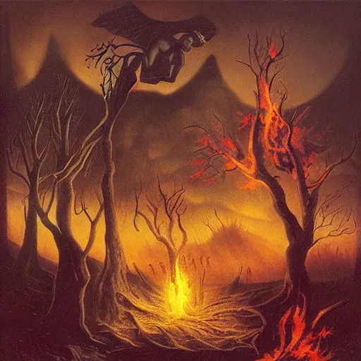 Prompt: beelzebub next to an oak tree aflame, still, fog in background, dantes inferno, evil album cover