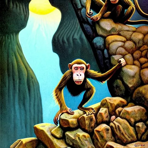 Image similar to Fantasy illustration by Clyde Caldwell - The monkeys chirrup loudly, a cacophonous din reverberating throughout the cavern. They leap into the air and land on the rocks, chittering and screeching to one another. One of them grabs a rock and hurls it into the pool. It splashes loudly, but the monkeys do not recoil. You see tattered strings of rope and cloth tied around their necks, to which they have affixed baskets that they carry beside them.