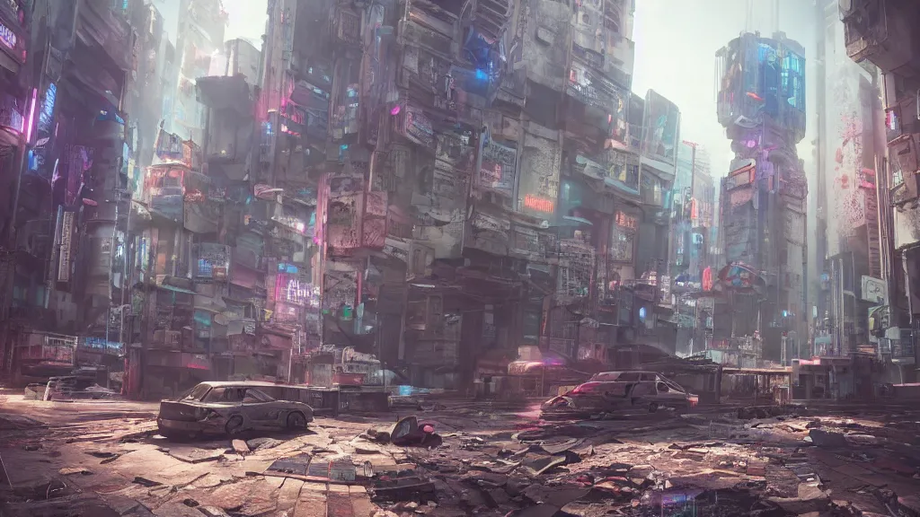 Prompt: exploring an abandoned, cyberpunk city, made in blender, octane render, cinematic, volumetric lighting, futuristic,, hyperrealistic, highly detailed, colourful 4 k hd