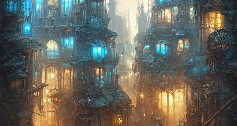 Prompt: landscape painting of fantasy metal steampunk city that has a light blue glow with walkways and lit windows with hooded thieves in leathers climbing the buildings using a rope, fine details, magali villeneuve, artgerm, rutkowski